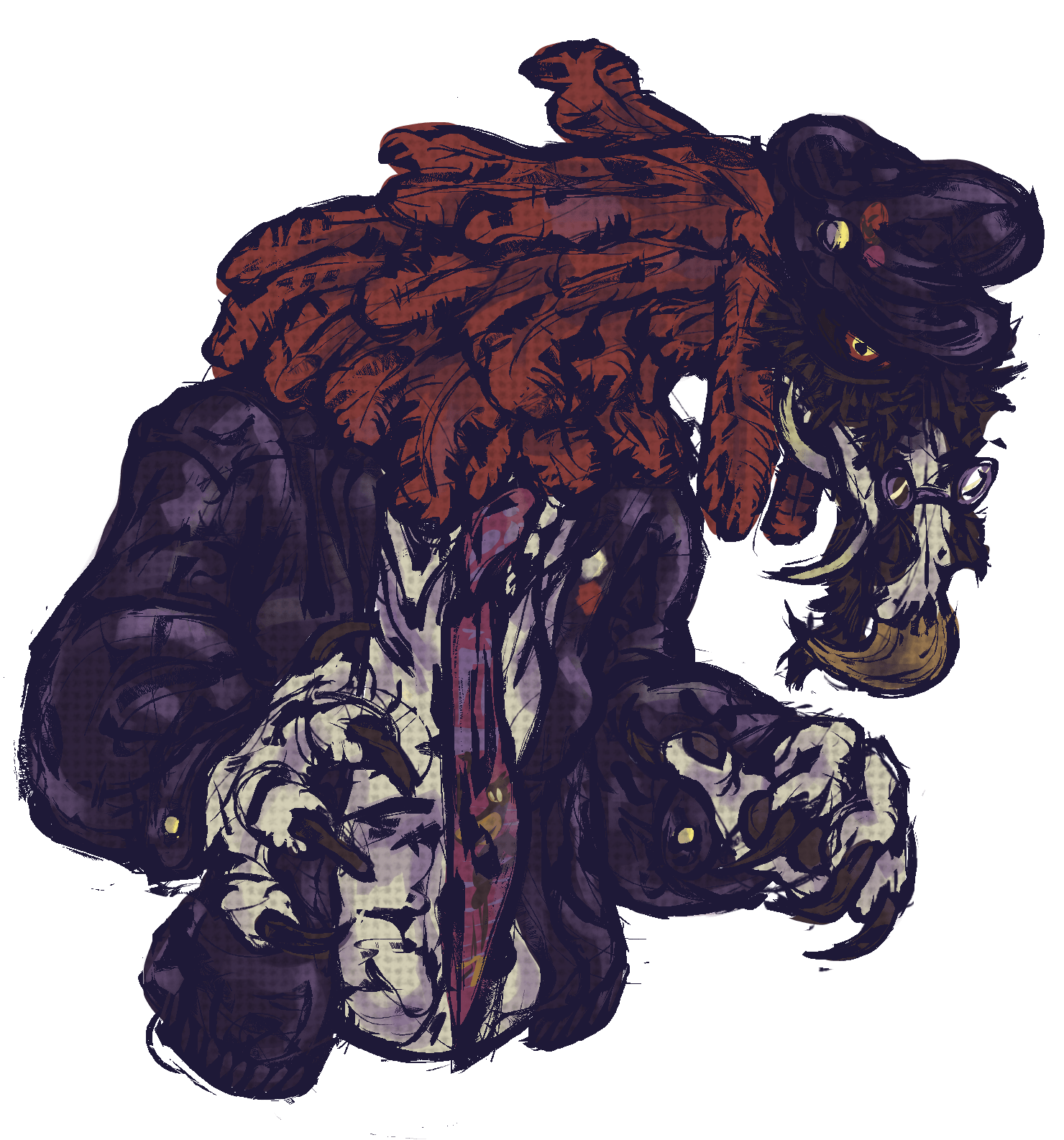 A spite of Xavier, who is angry and anticipating to grab Huh. Xavier is an anthropromorphic bearded vulture wearing a leather jacket, novelty tie, white button-up, and a leather cap. They have black and red eyes, sharp teeth, sharp black talons, and paw pads on their hands.